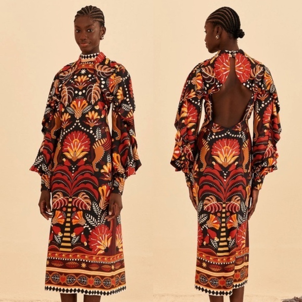 FARM RIO Nature Beauty Scarf Print Backless Dress